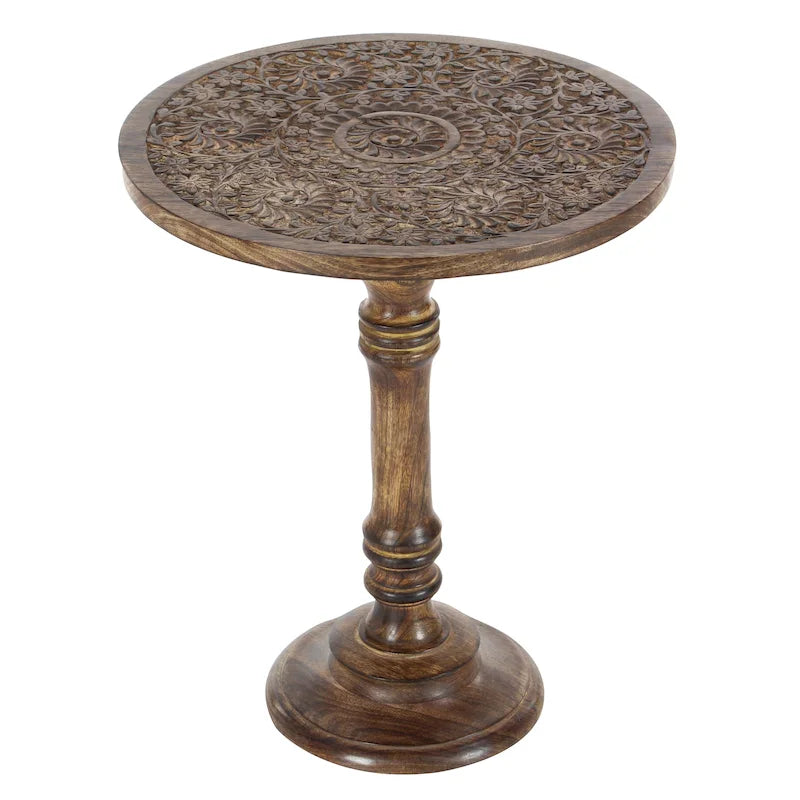 Table d'appoint en bois de manguier avec motifs éléphant ou floraux, sculptée à la main, avec piètement tourné - Marron foncé
