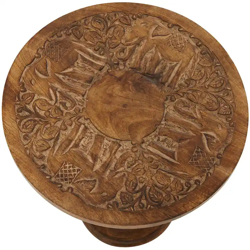 Table d'appoint en bois de manguier avec motifs éléphant ou floraux, sculptée à la main, avec piètement tourné - Marron foncé