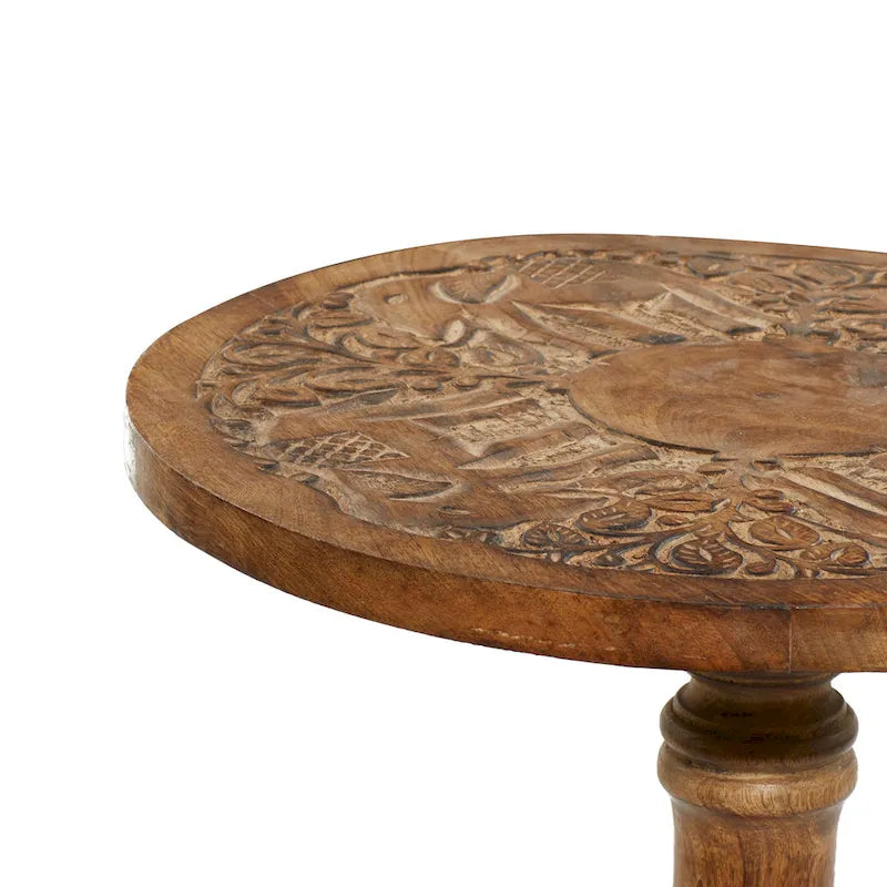 Table d'appoint en bois de manguier avec motifs éléphant ou floraux, sculptée à la main, avec piètement tourné - Marron foncé