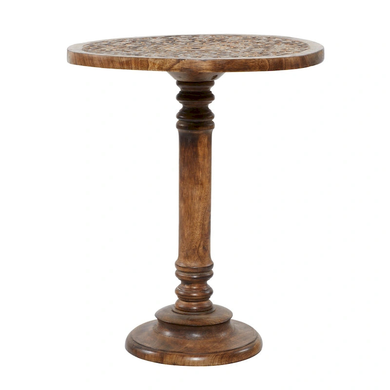 Table d'appoint en bois de manguier avec motifs éléphant ou floraux, sculptée à la main, avec piètement tourné - Marron foncé