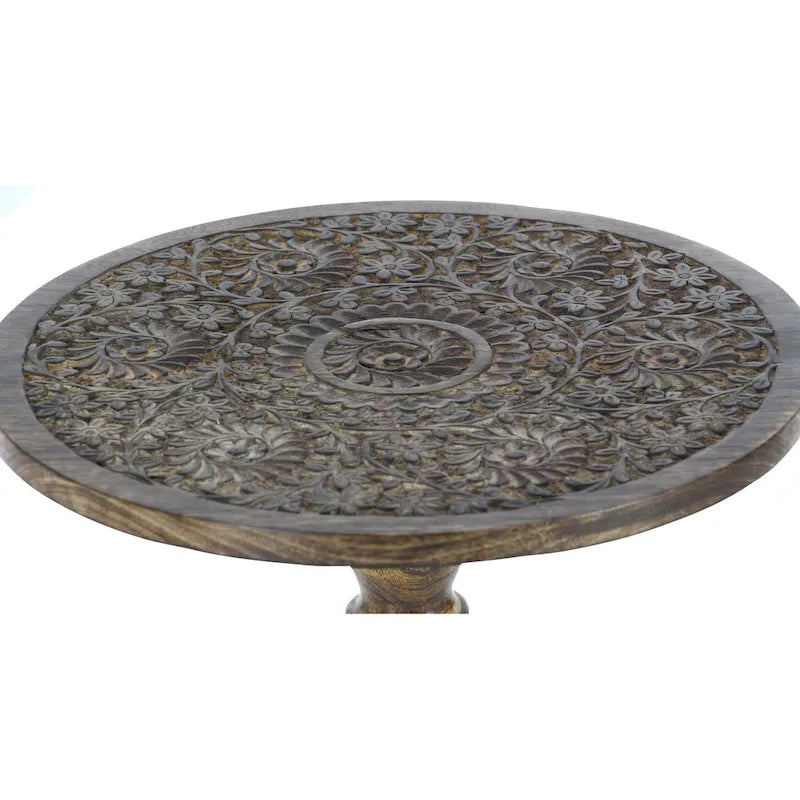 Table d'appoint en bois de manguier avec motifs éléphant ou floraux, sculptée à la main, avec piètement tourné - Marron foncé