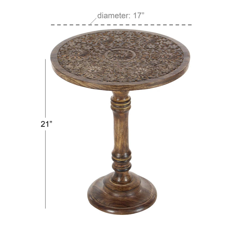 Table d'appoint en bois de manguier avec motifs éléphant ou floraux, sculptée à la main, avec piètement tourné - Marron foncé