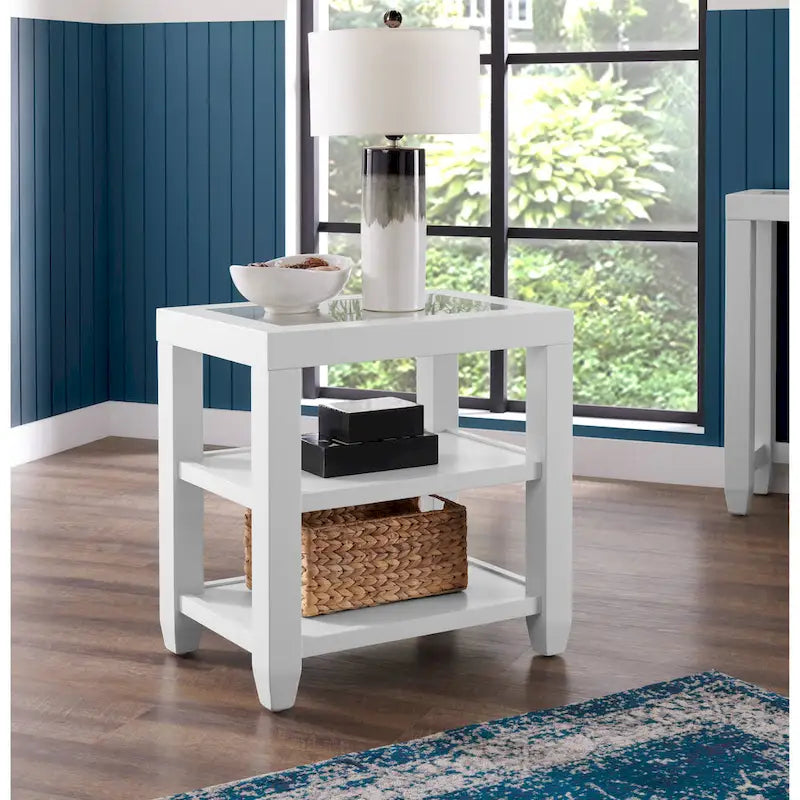 Bout de canapé de 40 cm de large avec plateau en bois et verre et étagère de rangement