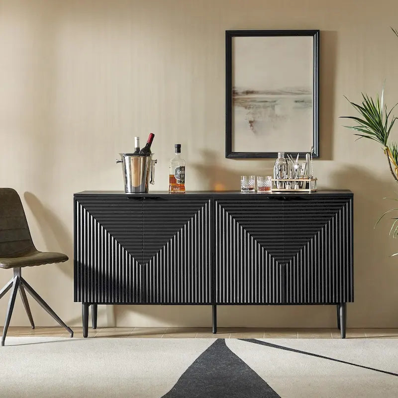 Buffet moderne de 160 cm de large à 4 portes avec casier à vin et pieds en métal