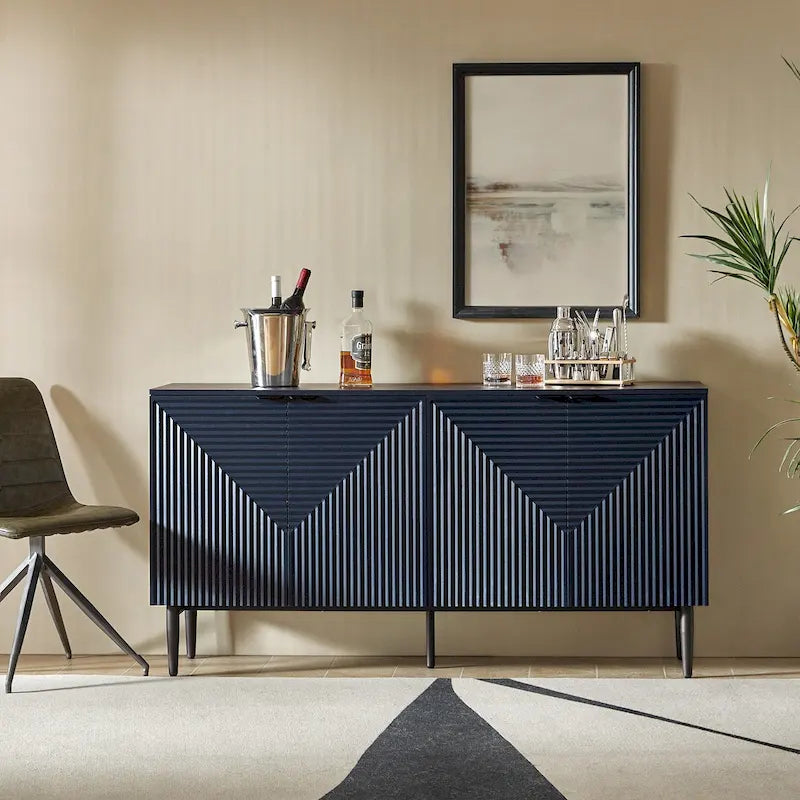 Buffet moderne de 160 cm de large à 4 portes avec casier à vin et pieds en métal
