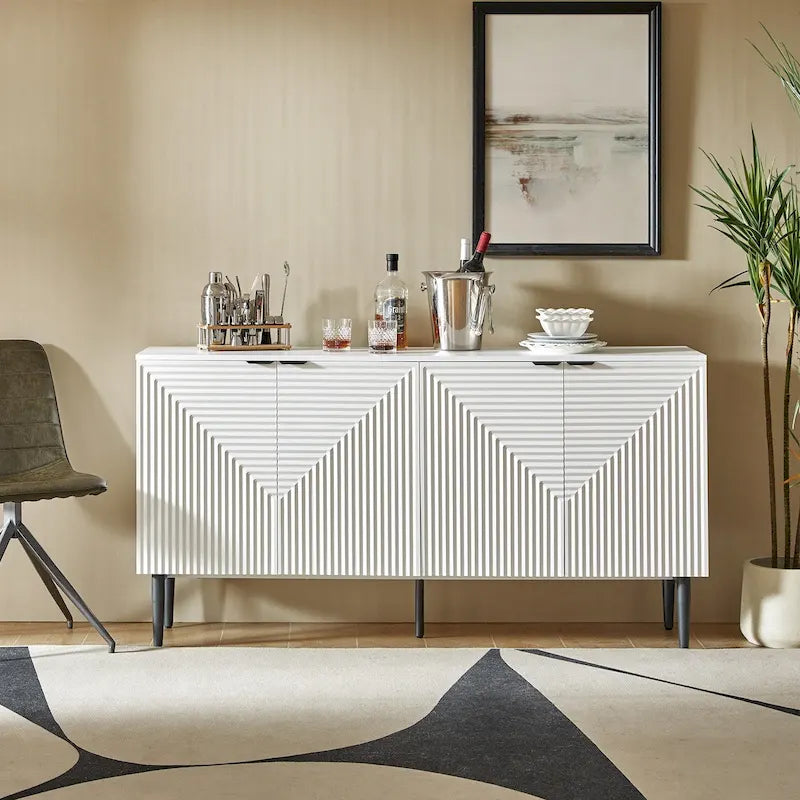 Buffet moderne de 160 cm de large à 4 portes avec casier à vin et pieds en métal