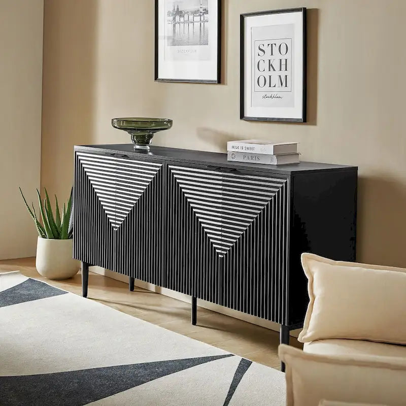 Buffet moderne de 160 cm de large à 4 portes avec casier à vin et pieds en métal
