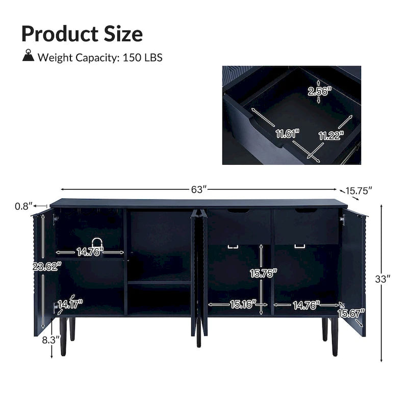 Buffet moderne de 160 cm de large à 4 portes avec casier à vin et pieds en métal
