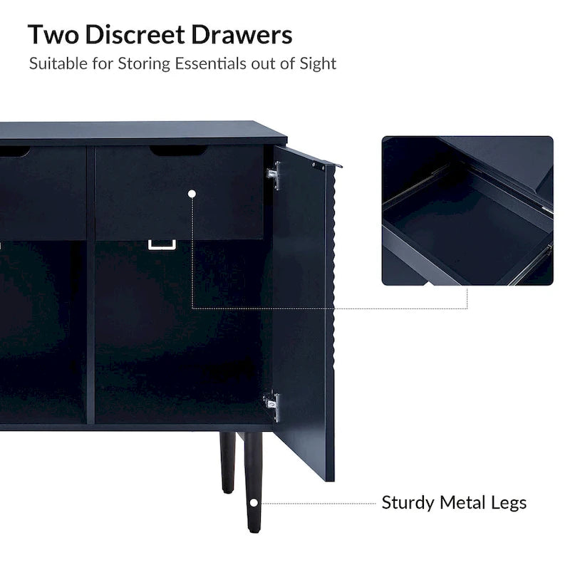 Buffet moderne de 160 cm de large à 4 portes avec casier à vin et pieds en métal