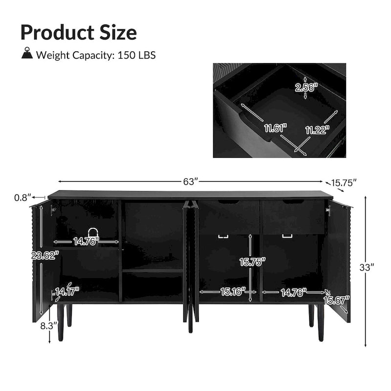Buffet moderne de 160 cm de large à 4 portes avec casier à vin et pieds en métal