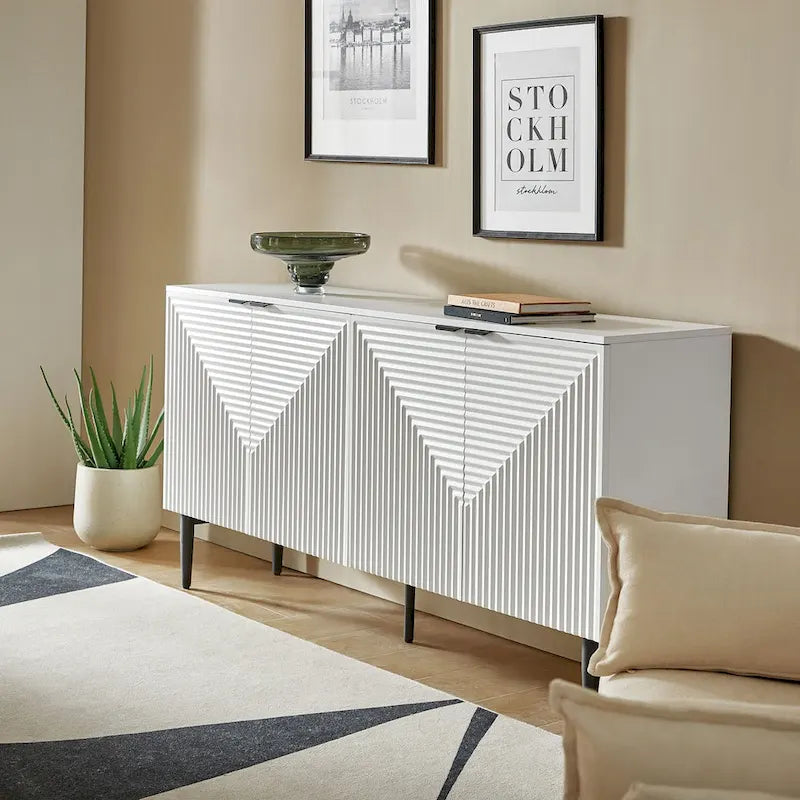 Buffet moderne de 160 cm de large à 4 portes avec casier à vin et pieds en métal