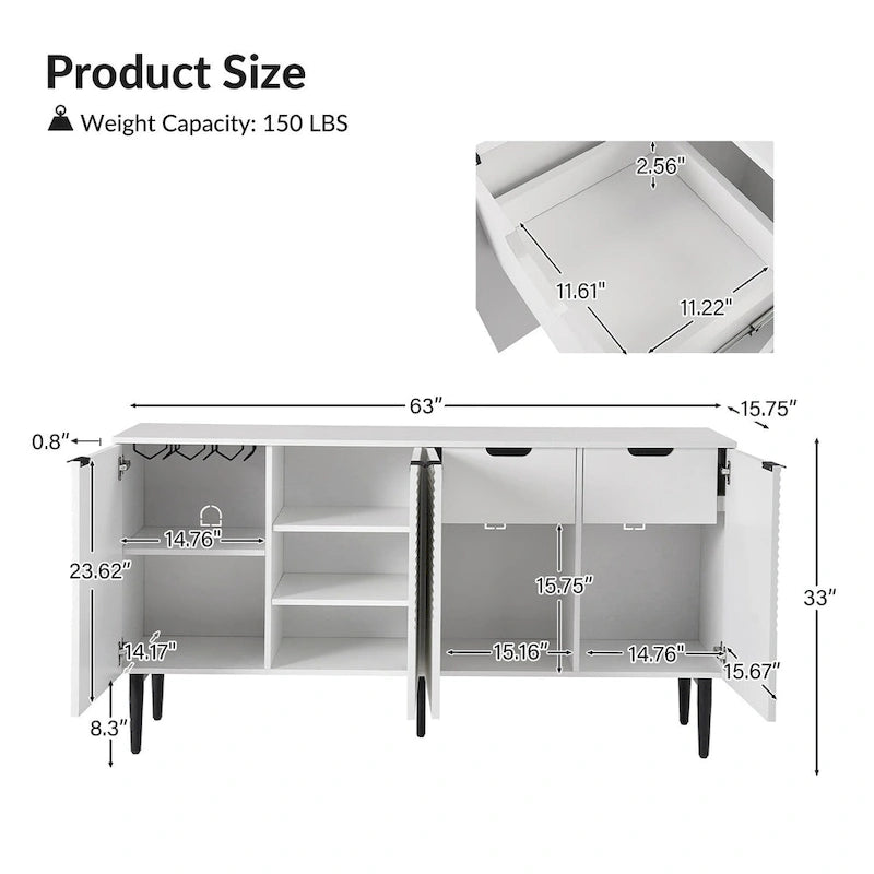 Buffet moderne de 160 cm de large à 4 portes avec casier à vin et pieds en métal