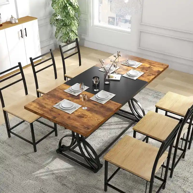 Table à manger rectangulaire de style ferme en bois et métal pour 6 à 8 personnes