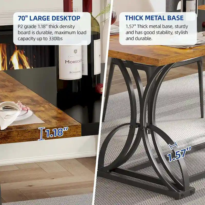 Table à manger rectangulaire de style ferme en bois et métal pour 6 à 8 personnes