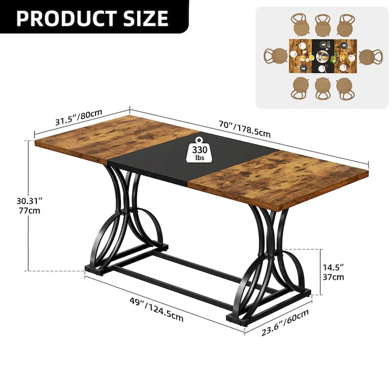 Table à manger rectangulaire de style ferme en bois et métal pour 6 à 8 personnes