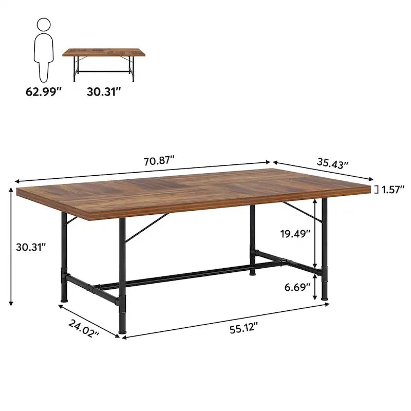 Table de salle à manger rustique rectangulaire de 70,9 pouces avec cadre en tube métallique