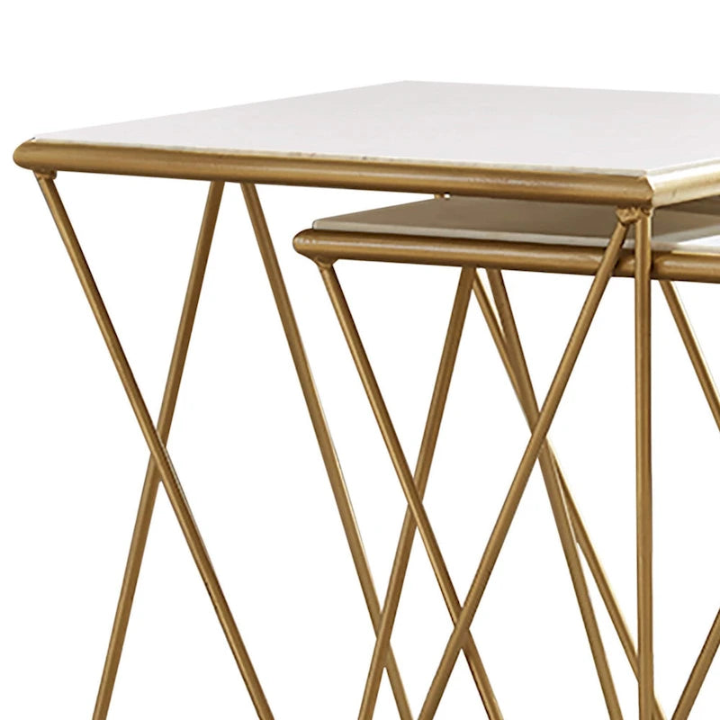 Tables gigognes 2 pièces en marbre avec base géométrique, blanc et or
