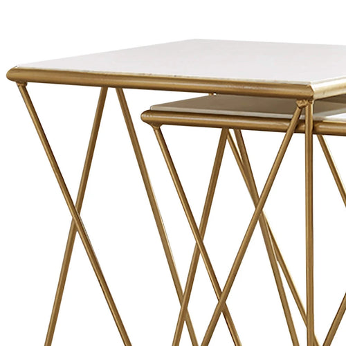 Tables gigognes 2 pièces en marbre avec base géométrique, blanc et or