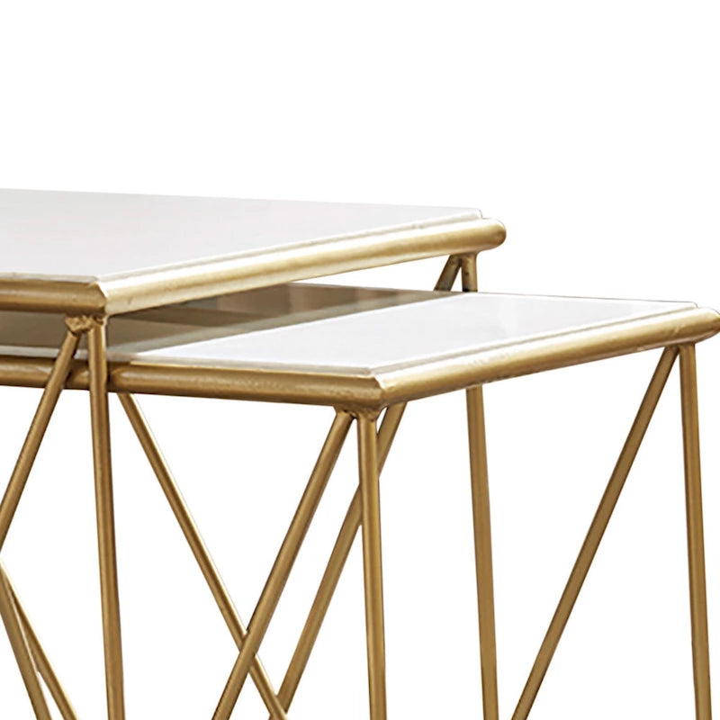 Tables gigognes 2 pièces en marbre avec base géométrique, blanc et or