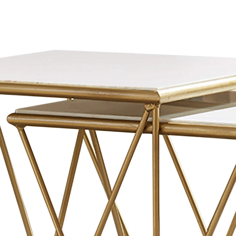 Tables gigognes 2 pièces en marbre avec base géométrique, blanc et or
