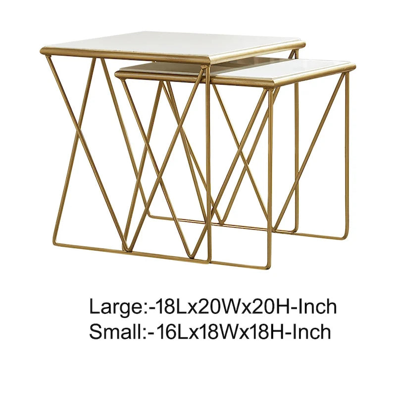 Tables gigognes 2 pièces en marbre avec base géométrique, blanc et or