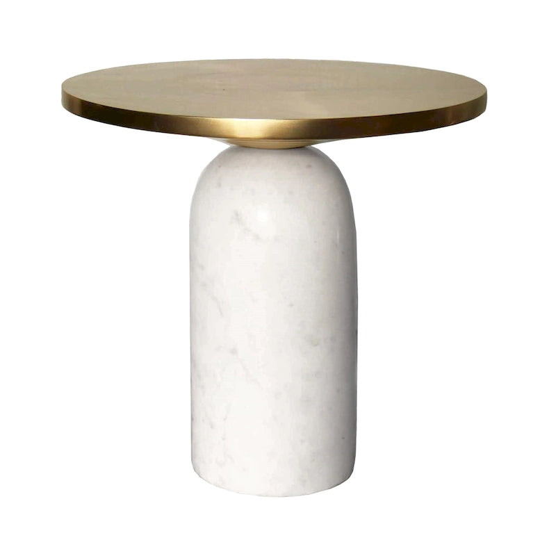 Table d'appoint ronde moderne de 17 pouces en laiton avec base cylindrique en marbre, laiton, blanc