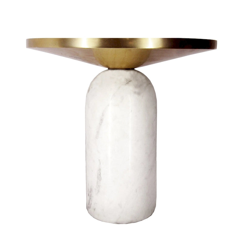 Table d'appoint ronde moderne de 17 pouces en laiton avec base cylindrique en marbre, laiton, blanc