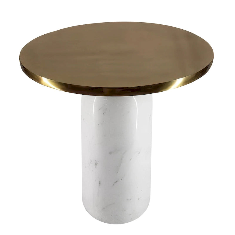 Table d'appoint ronde moderne de 17 pouces en laiton avec base cylindrique en marbre, laiton, blanc