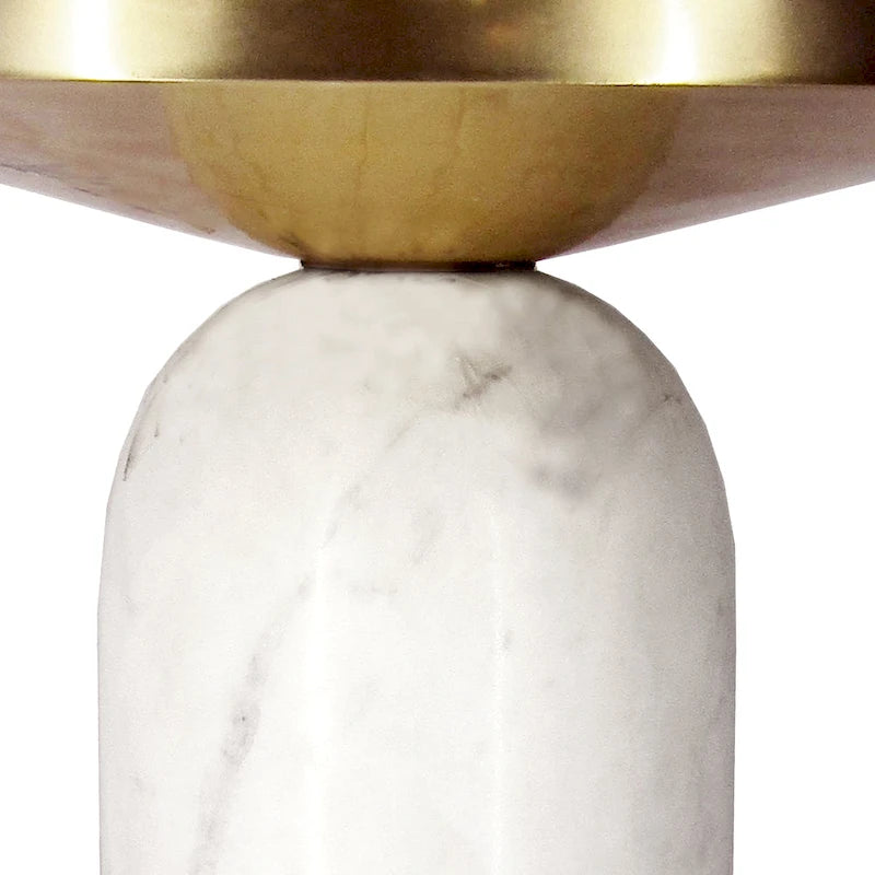 Table d'appoint ronde moderne de 17 pouces en laiton avec base cylindrique en marbre, laiton, blanc