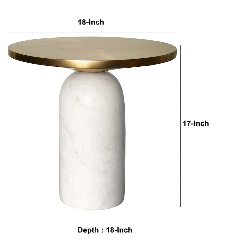 Table d'appoint ronde moderne de 17 pouces en laiton avec base cylindrique en marbre, laiton, blanc