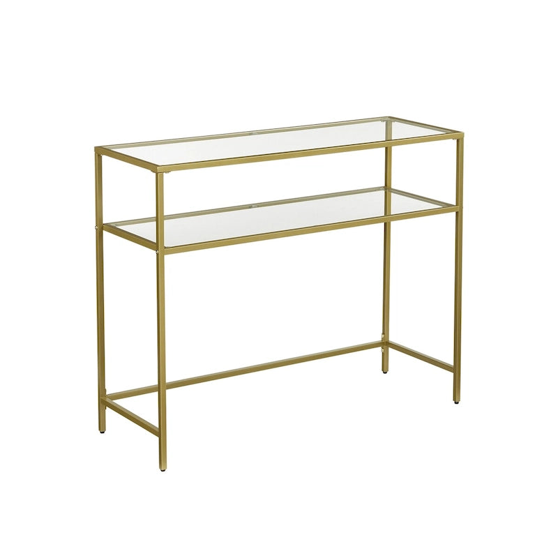 Console dorée avec plateau en verre trempé, cadre en métal et 2 étagères - 100L x 35l x 80H cm