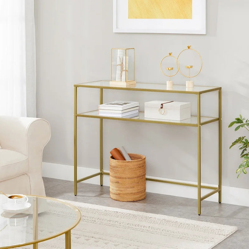 Console dorée avec plateau en verre trempé, cadre en métal et 2 étagères - 100L x 35l x 80H cm