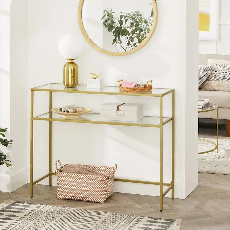 Console dorée avec plateau en verre trempé, cadre en métal et 2 étagères - 100L x 35l x 80H cm