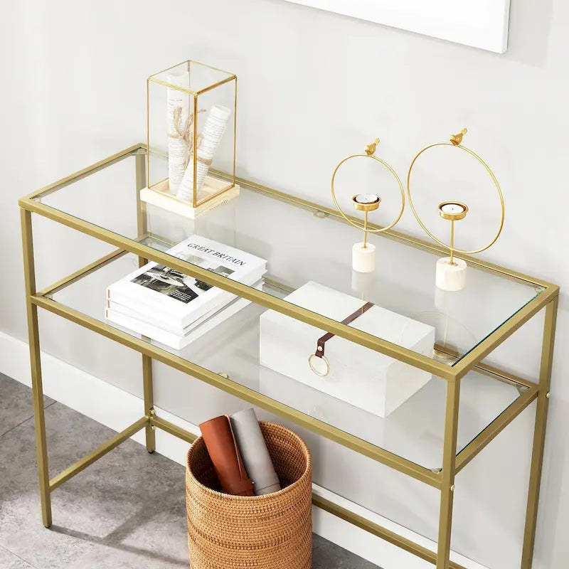 Console dorée avec plateau en verre trempé, cadre en métal et 2 étagères - 100L x 35l x 80H cm