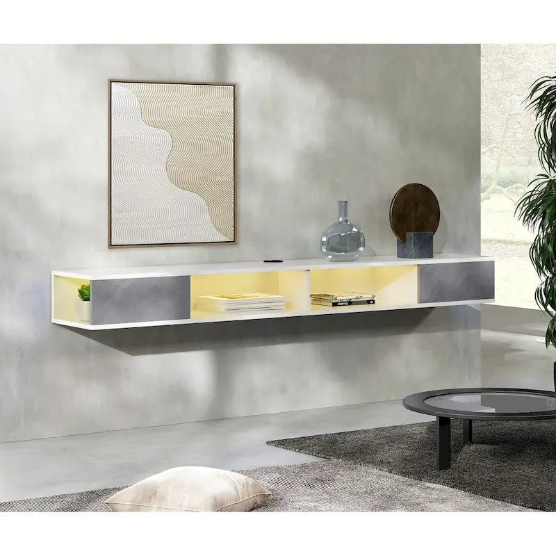 Meuble TV mural flottant de 70 po, centre de divertissement flottant pour salon et chambre à coucher, blanc et gris