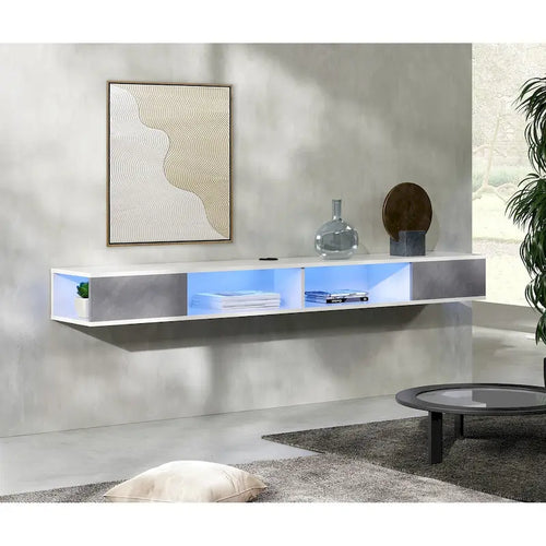 WAMPAT 70 Floating TV Stand Wall Mounted, Floating Entertainment Center for Living Room Bedroom, White&Grey
