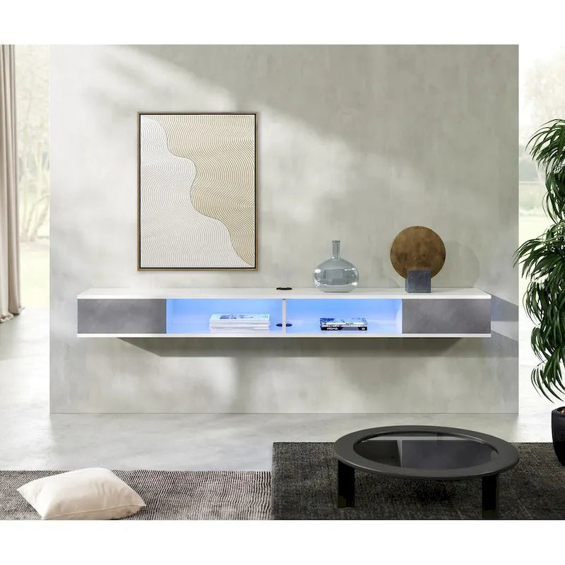 Meuble TV mural flottant de 70 po, centre de divertissement flottant pour salon et chambre à coucher, blanc et gris