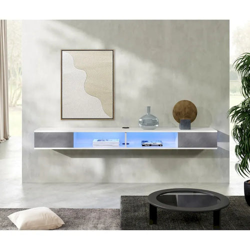 Meuble TV mural flottant de 70 po, centre de divertissement flottant pour salon et chambre à coucher, blanc et gris
