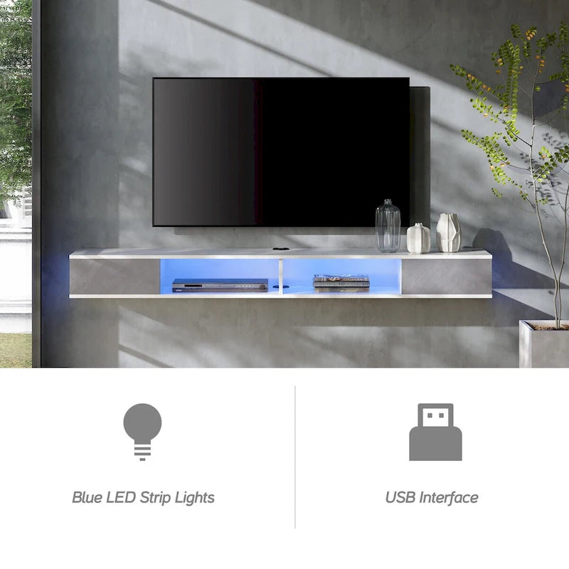 Meuble TV mural flottant de 70 po, centre de divertissement flottant pour salon et chambre à coucher, blanc et gris