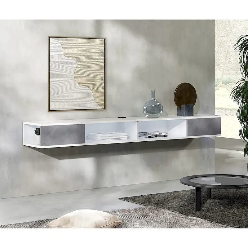 Meuble TV mural flottant de 70 po, centre de divertissement flottant pour salon et chambre à coucher, blanc et gris
