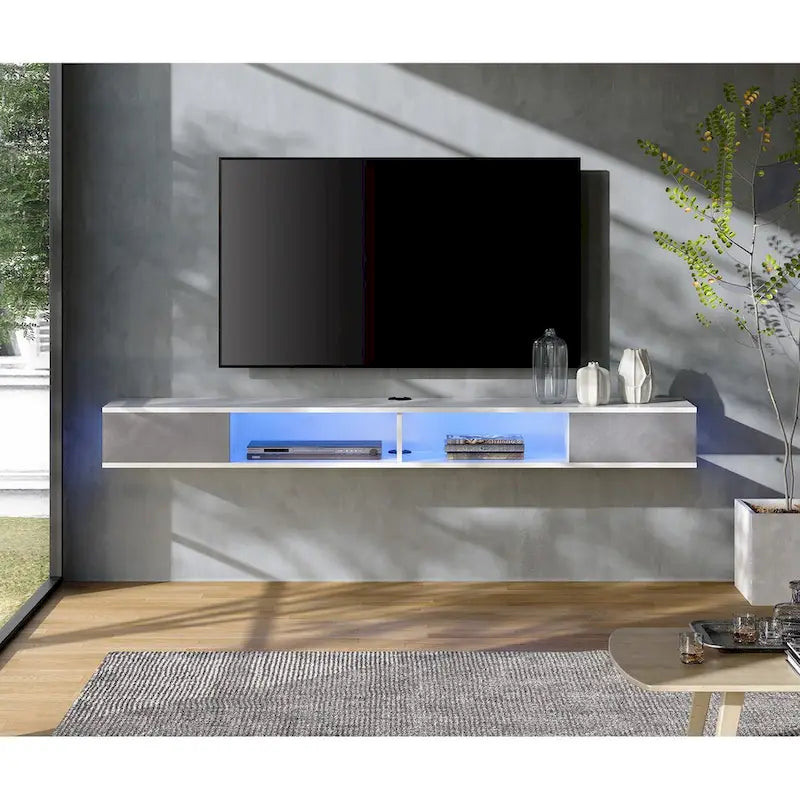 Meuble TV mural flottant de 70 po, centre de divertissement flottant pour salon et chambre à coucher, blanc et gris
