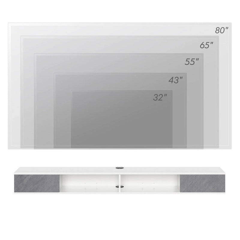 Meuble TV mural flottant de 70 po, centre de divertissement flottant pour salon et chambre à coucher, blanc et gris
