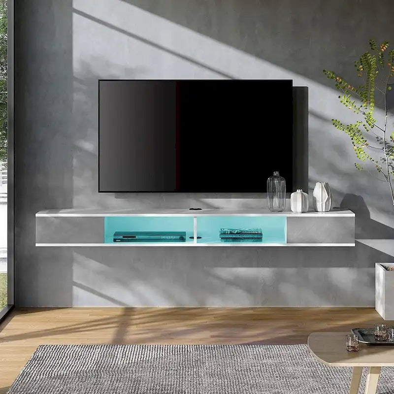 Meuble TV mural flottant de 70 po, centre de divertissement flottant pour salon et chambre à coucher, blanc et gris