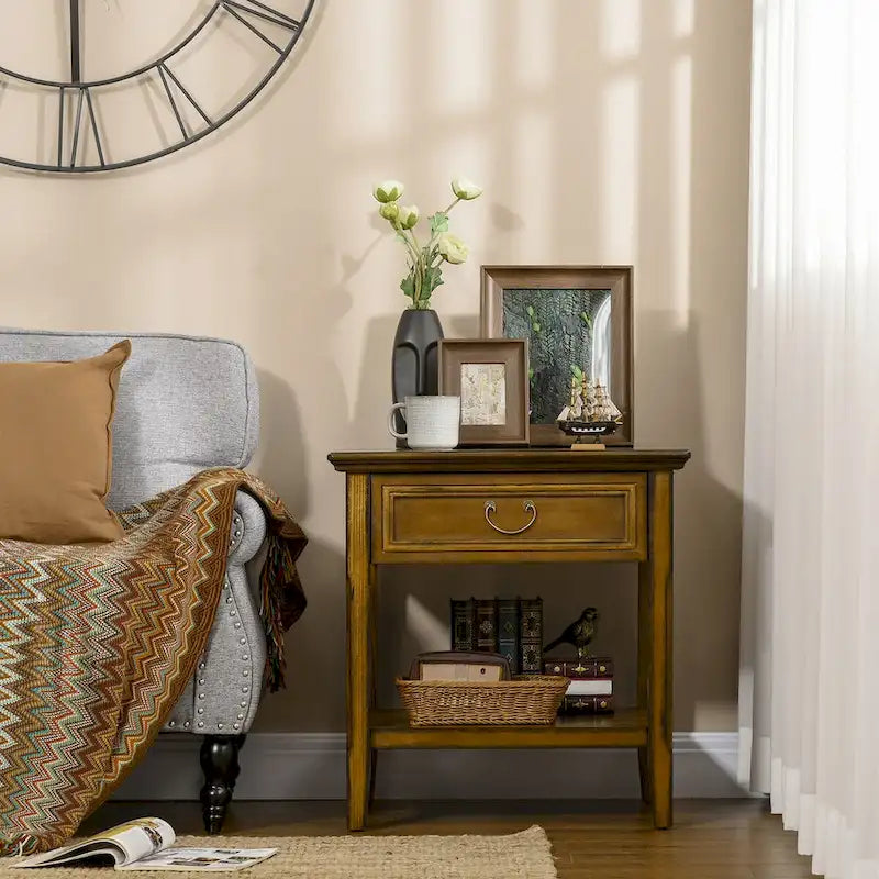 Table d'appoint avec rangement, Table d'appoint vintage avec tiroir et étagère ouverte, Table de chevet pour chambre à coucher, salon