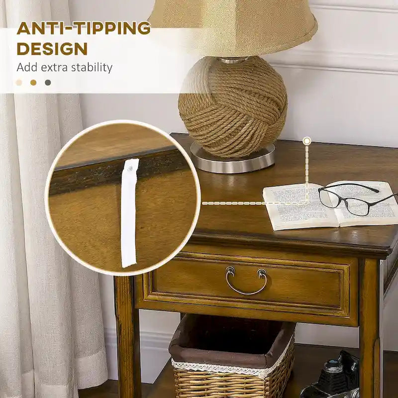 Table d'appoint avec rangement, Table d'appoint vintage avec tiroir et étagère ouverte, Table de chevet pour chambre à coucher, salon