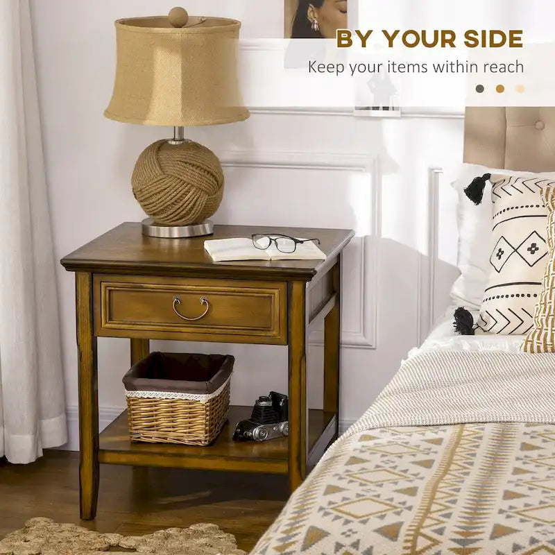 Table d'appoint avec rangement, Table d'appoint vintage avec tiroir et étagère ouverte, Table de chevet pour chambre à coucher, salon