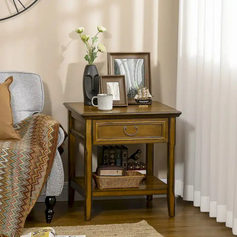 Table d'appoint avec rangement, Table d'appoint vintage avec tiroir et étagère ouverte, Table de chevet pour chambre à coucher, salon