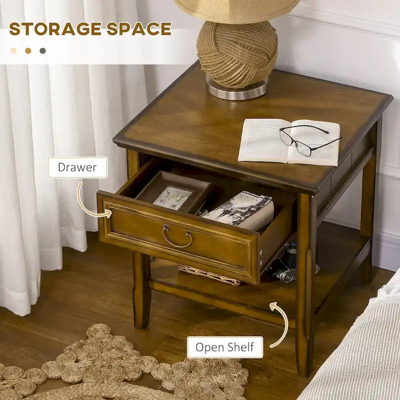 Table d'appoint avec rangement, Table d'appoint vintage avec tiroir et étagère ouverte, Table de chevet pour chambre à coucher, salon