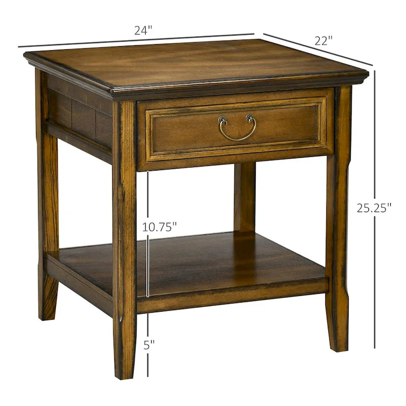 Table d'appoint avec rangement, Table d'appoint vintage avec tiroir et étagère ouverte, Table de chevet pour chambre à coucher, salon