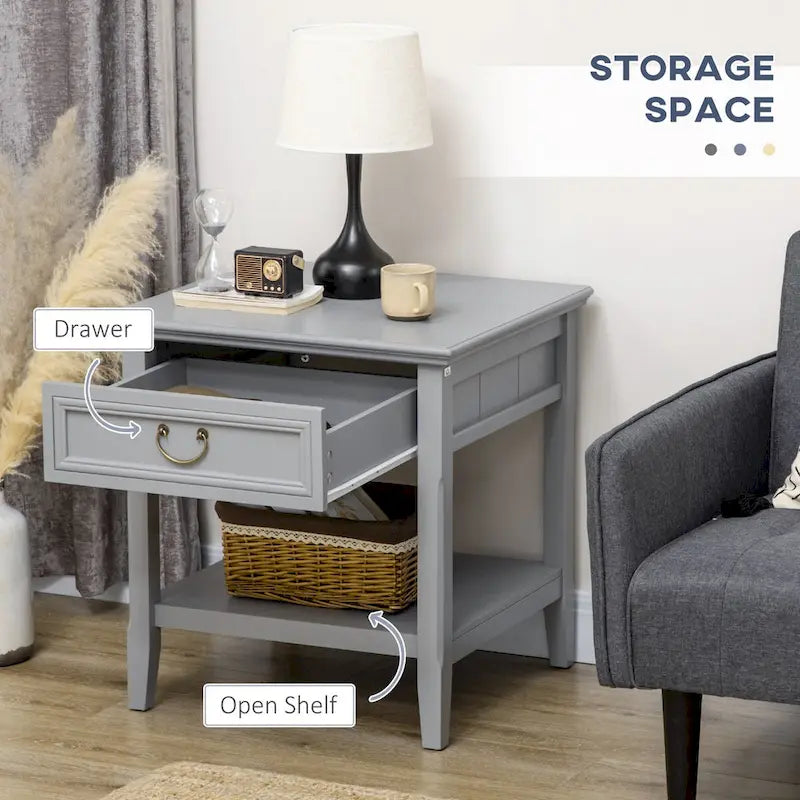 Table d'appoint avec rangement, Table d'appoint vintage avec tiroir et étagère ouverte, Table de chevet pour chambre à coucher, salon